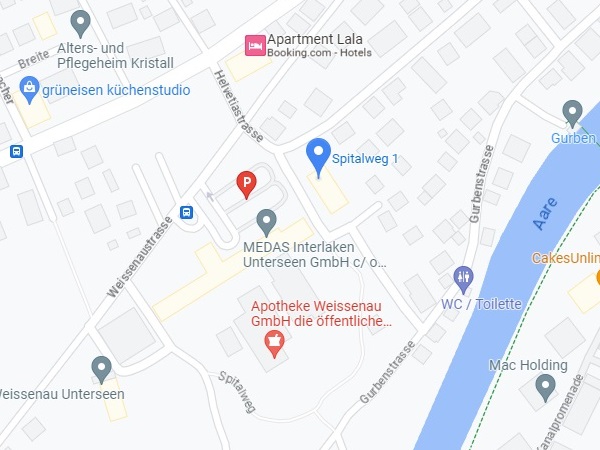 Lageplan der Praxis Dr. med. Daniel Noth, Spitalweg 1, 3800 Unterseen
